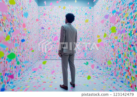 a man in a room with walls covered with colorful stickers a man in a room with walls covered with colorful stickers 123142479