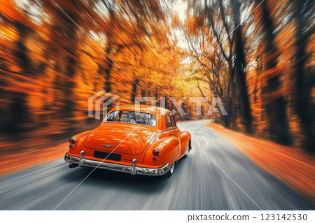 orange car on the road in the autumn forest. speed motion blur effect 123142530