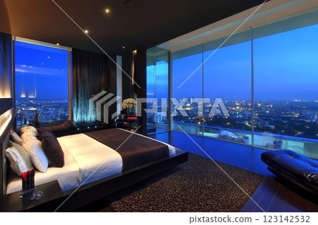 penthouse bedroom at night, dark tones, large windows overlooking the city 123142532