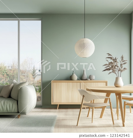 Scandinavian home interior design of modern living room in muted mint pastel colors 123142541