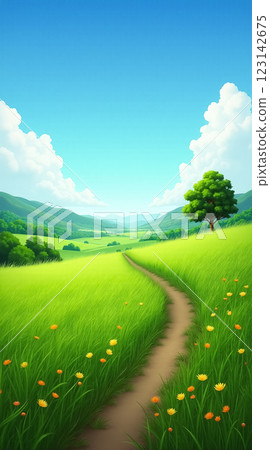 Vibrant Green Landscape Phone Wallpaper with Scenic Path and Blue Sky 123142675