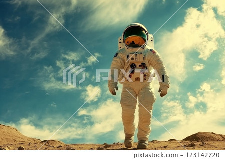 An astronaut in a spacesuit walks on a deserted planet against the backdrop of the cosmic sky 123142720