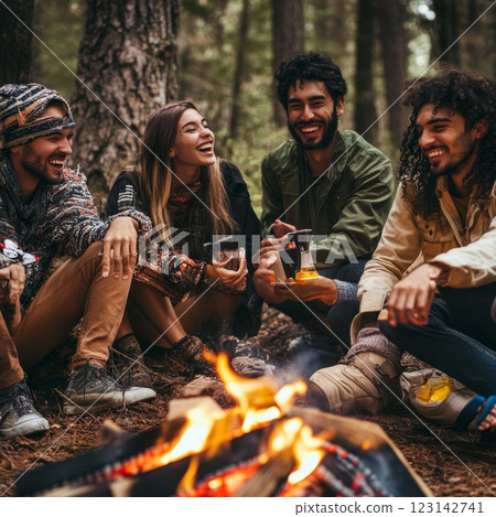 Cheerful group of people laughing and chatting around campfire at wilderness campsite 123142741