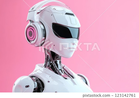 fashionable humanoid robot in stylish glossy audio headphones on pink background 123142761