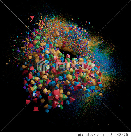 Vibrant Eruption of Geometric Shapes in Motion Against a Dark Canvas Vibrant Eruption of Geometric Shapes in Motion Against a Dark Canvas 123142876