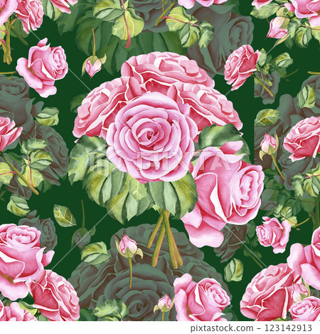 Watercolor roses. Seamless pattern of rose flowers, stems, leaves and buds. The drawing is done in watercolor technique by hand on a colored background. Illustration for your design 123142913