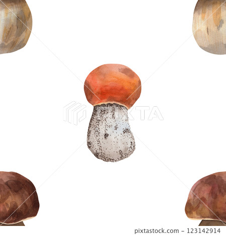 Seamless pattern with porcini and aspen mushrooms. The illustration is made in watercolor technique on an isolated background for your design 123142914