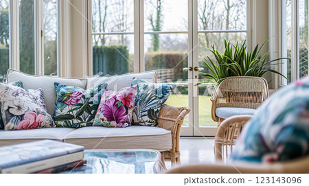 Colorful pillows on sofa against glass wall of window in a winter garden or conservatory. Interior textile concept. High quality photo 123143096