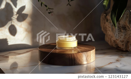 Cosmetic cream in a glass jar. Skin care concept. Background for beauty products 123143127