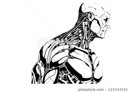 Hand-Drawn AI Robot Cyborg in a Timeless Vintage Engraved Style. Vector Illustration. 123143341