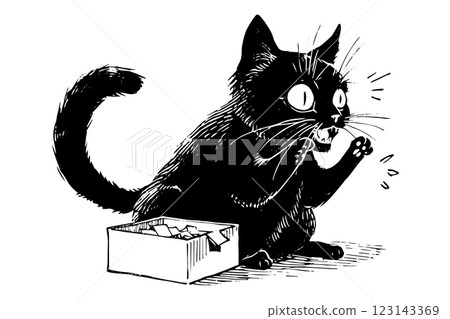 Cute playful black cat hand drawn ink sketch. Engraved style vector illustration. 123143369
