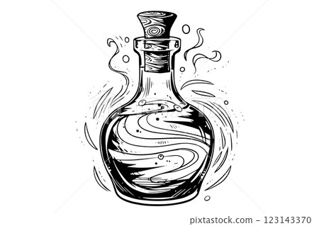 Magic bottle with potion hand drawn ink sketch. Engraved style vector illustration. 123143370