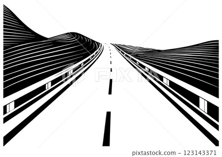 Simple road hand drawn ink sketch highway landscape. Engraved style vector illustration. 123143371