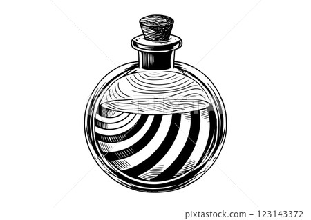 Magic bottle with potion hand drawn ink sketch. Engraved style vector illustration. 123143372