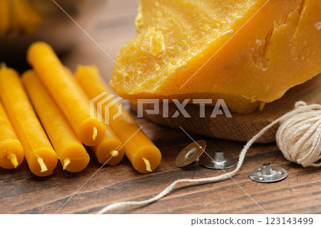 Beeswax and Candle Making Materials Close Up Beeswax and Candle Making Materials Close Up 123143499