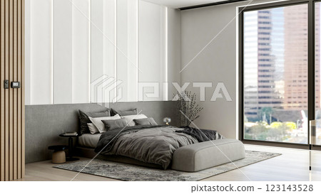 Modern Minimalist Bedroom Interior with City View and Cozy Interior Design, 3D Rendering 123143528