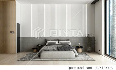 Modern Minimalist Bedroom Interior with City View and Cozy Interior Design, 3D Rendering 123143529