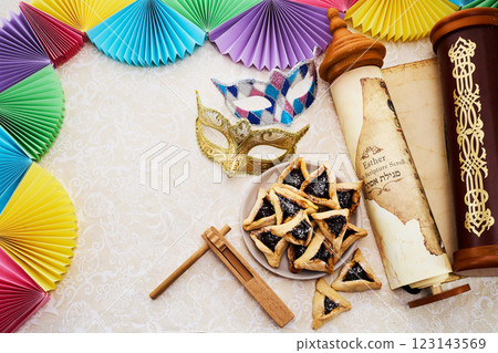 Purim Festive Setup. Colorful Purim scene with masks, 123143569