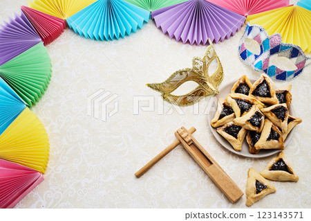 Purim Festive Setup. Colorful Purim scene with masks, 123143571