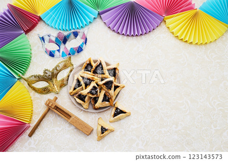 Purim Festive Setup. Colorful Purim scene with masks, Purim Festive Setup. Colorful Purim scene with masks, 123143573