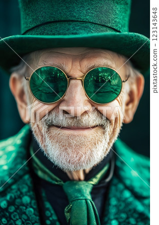 portrait of an elderly man with a beard wearing a green hat cylinder and suit, St. Patrick's Day 123143648