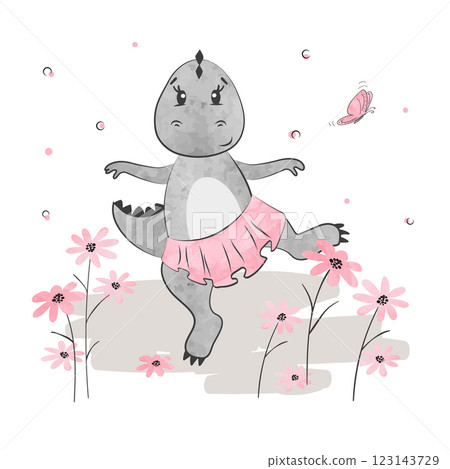 Cartoon baby Dino girl. Vector watercolor dinosaur illustration 123143729