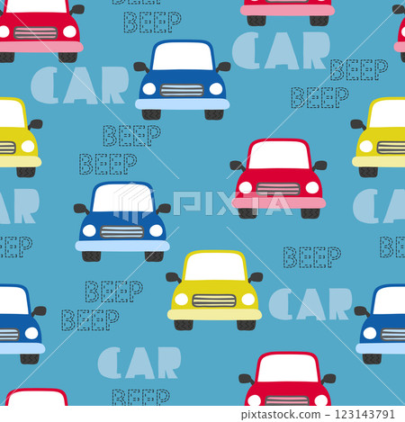 Seamless cartoon cars pattern. Vector transport auto background for kids Seamless cartoon cars pattern. Vector transport auto background for kids 123143791