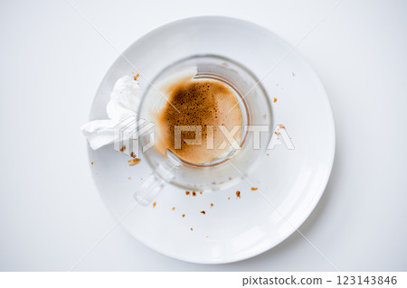 Empty cappuccino cup on white plate with crumbs and tissue 123143846