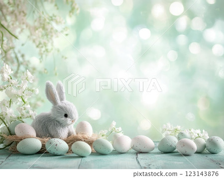 Easter spring scene with soft green pastel background and scattered eggs 123143876