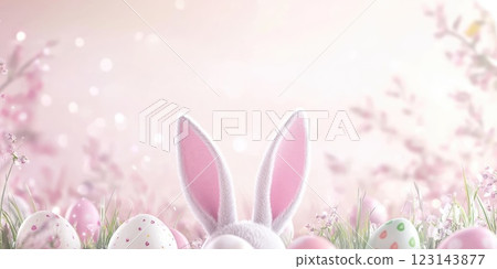 Easter celebration with bunny ears and eggs on a soft pink gradient background 123143877