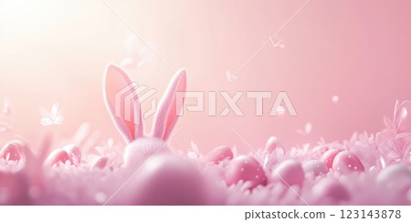 Soft pink gradient background with bunny ears and spring pastel Easter decoration 123143878
