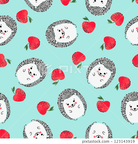 Seamless vector childish pattern with cute watercolor hedgehogs and apples 123143919