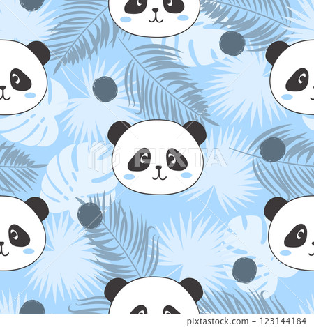 Seamless tropical pattern with cute panda and palm leaves for kids design Seamless tropical pattern with cute panda and palm leaves for kids design 123144184