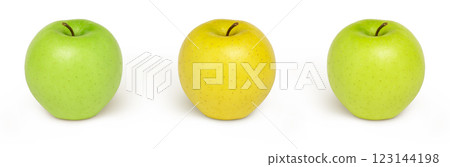 Whole green apple fruit isolated set. Collection of green and yellow apples isolated on white 123144198