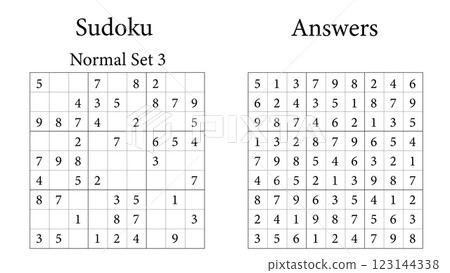 Sudoku Puzzle 9x9 Set 3 Normal with Answers, Fun Brain Training Game for Kids, Teens and Adults, Vector Sudoku Puzzle 9x9 Set 3 Normal with Answers, Fun Brain Training Game for Kids, Teens and Adults, Vector 123144338