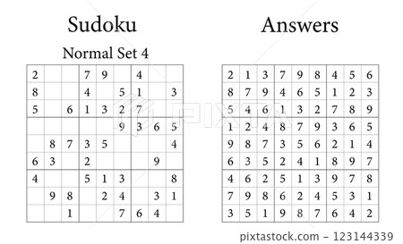 Sudoku Puzzle 9x9 Set 4 Normal with Answers, Fun Brain Training Game for Kids, Teens and Adults, Vector 123144339