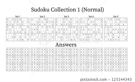 Sudoku Puzzle Normal 9x9 Collection 1, 5 Sets, with Answers, Fun Brain Training Game for Kids, Teens and Adults, Vector Sudoku Puzzle Normal 9x9 Collection 1, 5 Sets, with Answers, Fun Brain Training Game for Kids, Teens and Adults, Vector 123144343