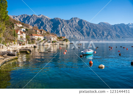 Panoramic view of Kotor Bay with oyster farms in winter morning, Montenegro Panoramic view of Kotor Bay with oyster farms in winter morning, Montenegro 123144451