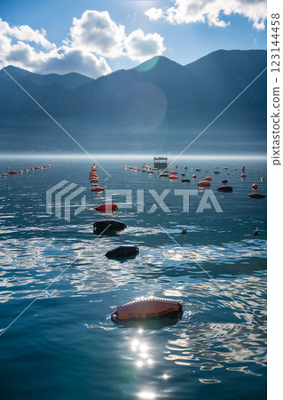 Panoramic view of Kotor Bay with oyster farms in winter morning, Montenegro 123144458
