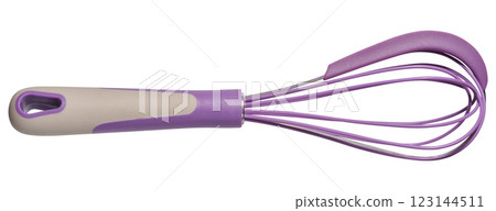 Purple silicone-coated whisk with ergonomic handle on isolated background Purple silicone-coated whisk with ergonomic handle on isolated background 123144511