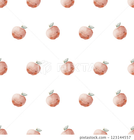 Watercolor pattern fruits apple red juicy with cute eyes. Seamless dynamic summer print. Hand-drawn illustrations, stylized cartoon style for design of children's textiles space on white background 123144557