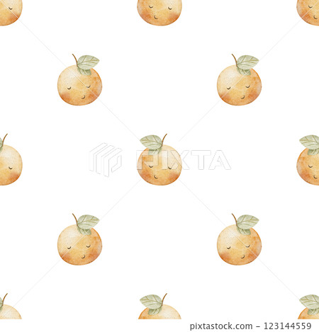 Watercolor pattern tangerine, orange, mandarin funny fruits cute eyes. Seamless summer print. Hand-drawn illustrations, on white background for children's textiles fabrics clothes, wallpapers children 123144559