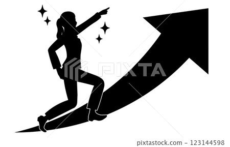 一位女士指著一個向上的箭頭的輪廓插圖 一位女士指著一個向上的箭頭的輪廓插圖 123144598