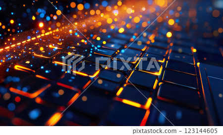 Glowing keyboard with vibrant lights and bokeh effect. 123144605