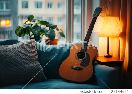 Cozy living room with acoustic guitar on couch by lamp in warm light. 123144615