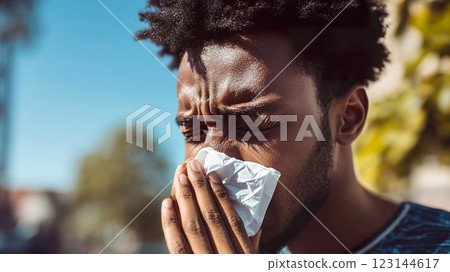 Black man sneezes into a tissue outdoors while experiencing allergy symptoms. Black man sneezes into a tissue outdoors while experiencing allergy symptoms. 123144617