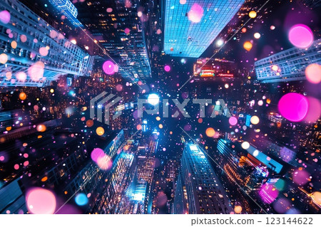 Colorful urban cityscape at night with vibrant lights and skyscrapers. 123144622