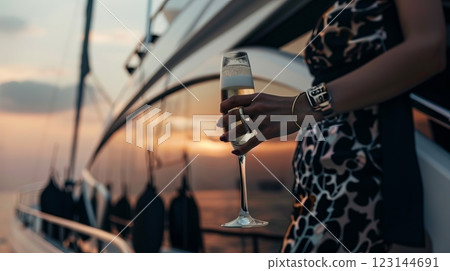 Female enjoying sunset on luxury yacht with champagne glass 123144691