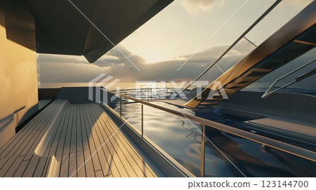 Luxurious yacht deck at sunset with serene ocean view 123144700