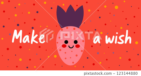 Cute Smiling Strawberry with Make a Wish Message on Red Background 123144880